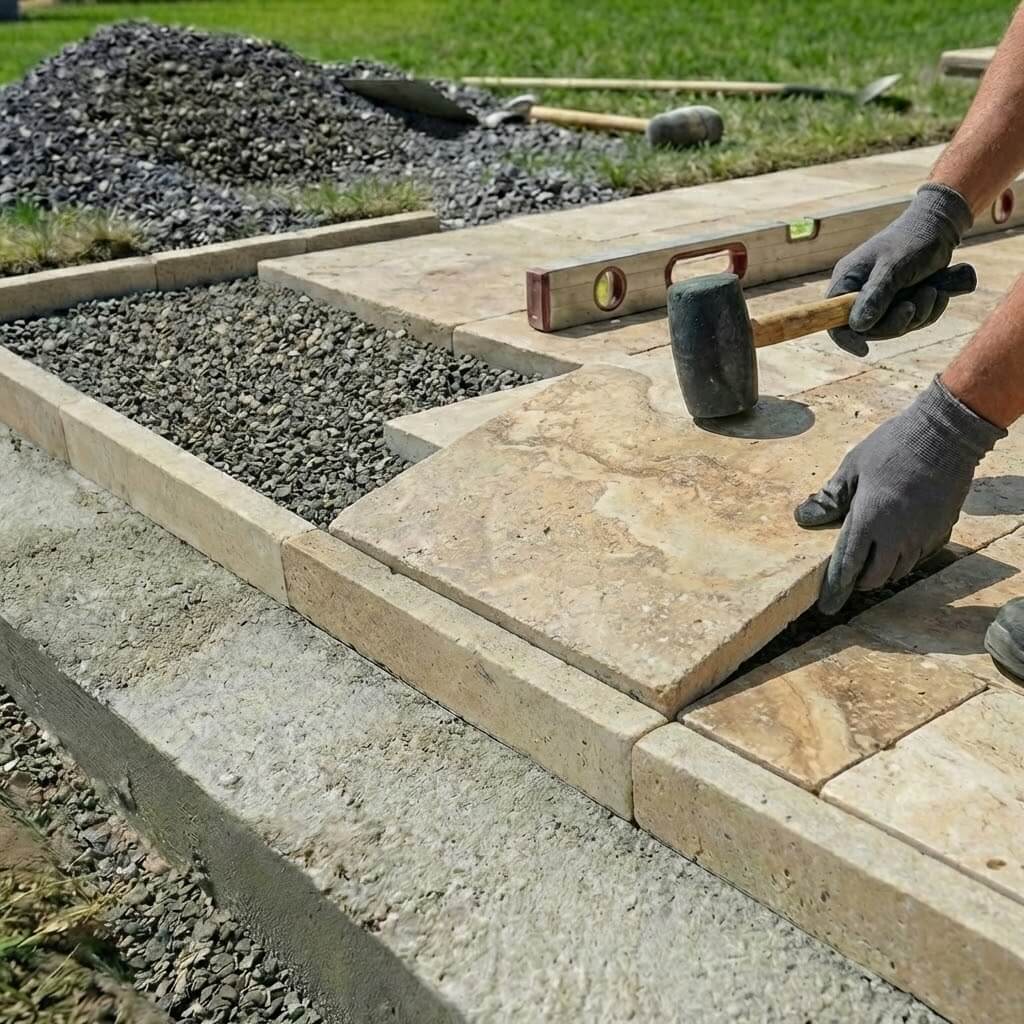 pokladka travertinove dlazby s obrubníkem z kamene